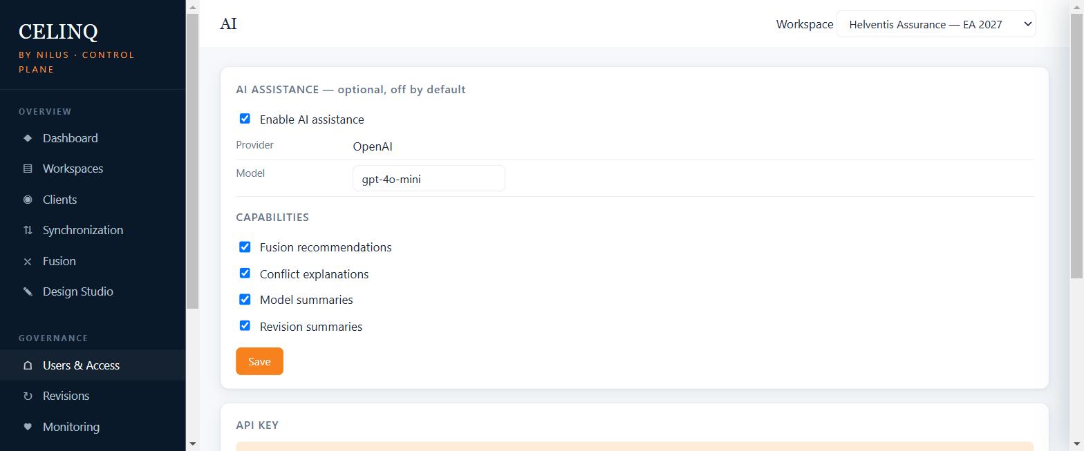 CelinQ Control Plane AI settings panel: AI assistance disabled by default, provider and model shown, capabilities scoped and switchable
