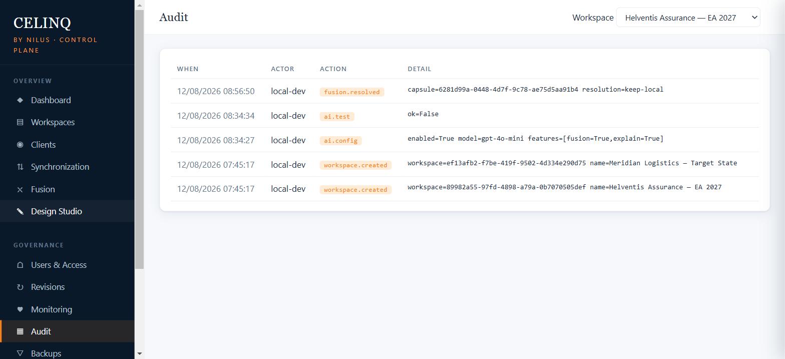 CelinQ Control Plane audit log showing timestamped actor, action and detail for every governed change
