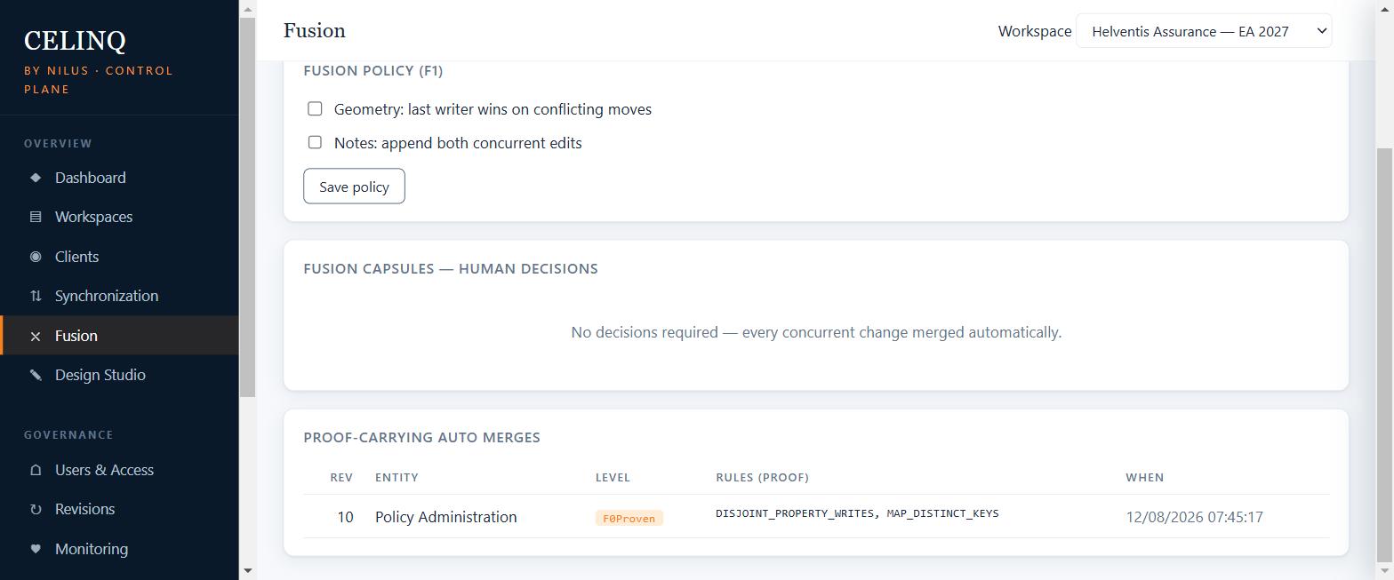 CelinQ Fusion panel showing proof-carrying auto merges: revision, entity, level and the specific rules that proved the merge safe