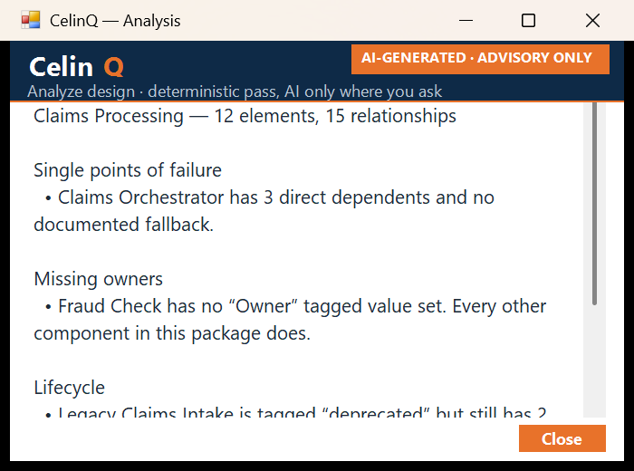 Sparx EA add-in showing the Analyze Selected Package response, with countable deterministic findings listed alongside a grounded summary