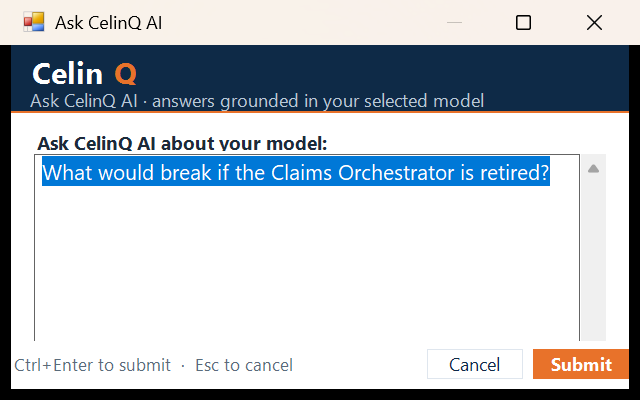 Ask CelinQ AI dialog inside Enterprise Architect, with a plain-language question about the selected model